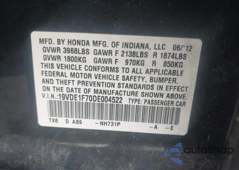 2013 Acura Ilx 2.0L z USA, uszkodzony, nr VIN 19VDE1F70DE004522
